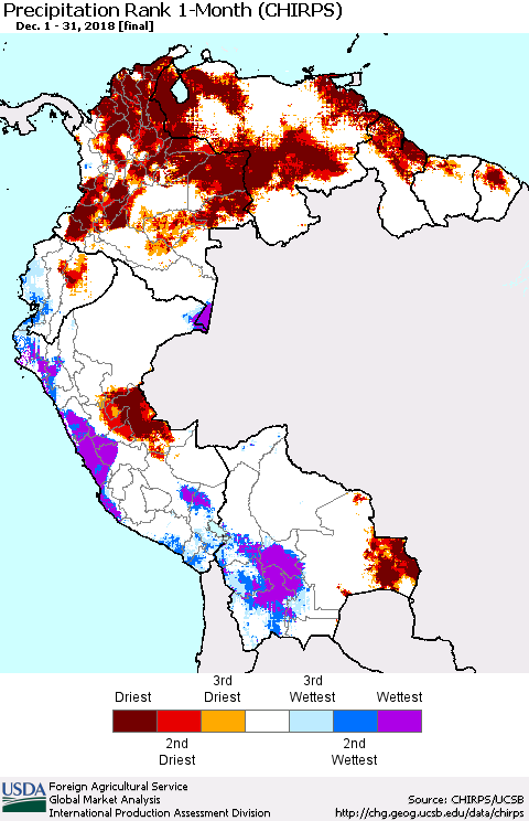 Northern South America Precipitation Rank since 1981, 1-Month (CHIRPS) Thematic Map For 12/1/2018 - 12/31/2018