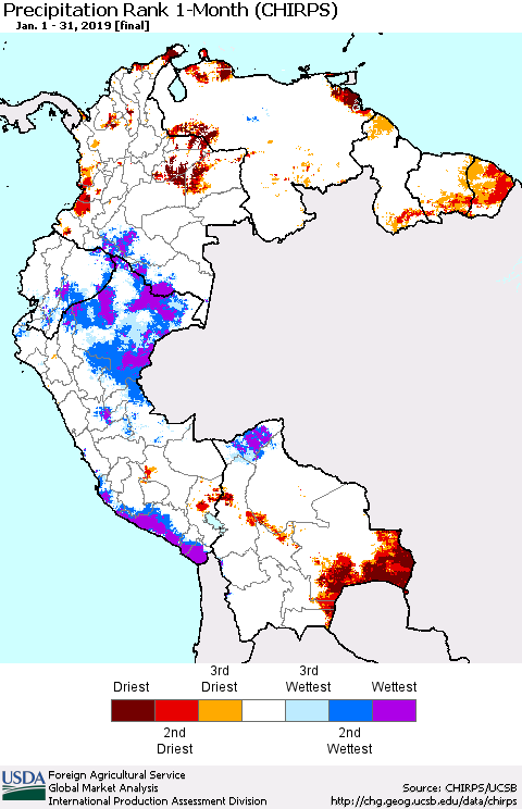 Northern South America Precipitation Rank since 1981, 1-Month (CHIRPS) Thematic Map For 1/1/2019 - 1/31/2019