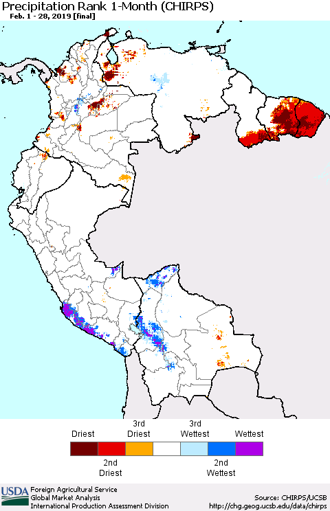Northern South America Precipitation Rank since 1981, 1-Month (CHIRPS) Thematic Map For 2/1/2019 - 2/28/2019
