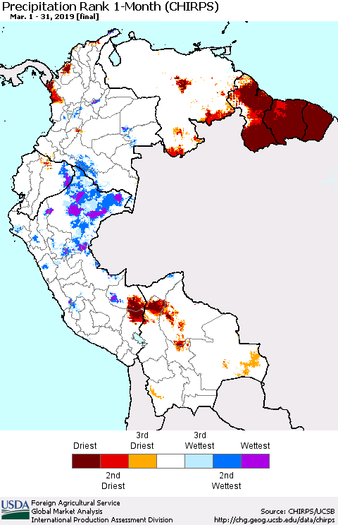 Northern South America Precipitation Rank since 1981, 1-Month (CHIRPS) Thematic Map For 3/1/2019 - 3/31/2019