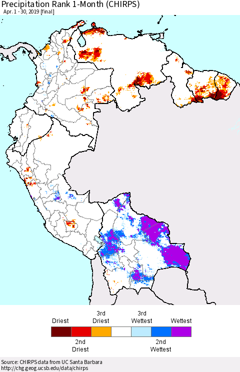 Northern South America Precipitation Rank since 1981, 1-Month (CHIRPS) Thematic Map For 4/1/2019 - 4/30/2019