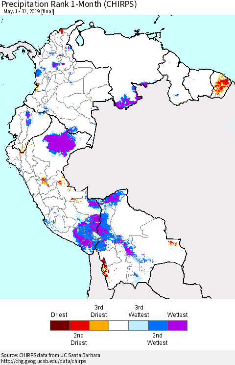 Northern South America Precipitation Rank since 1981, 1-Month (CHIRPS) Thematic Map For 5/1/2019 - 5/31/2019