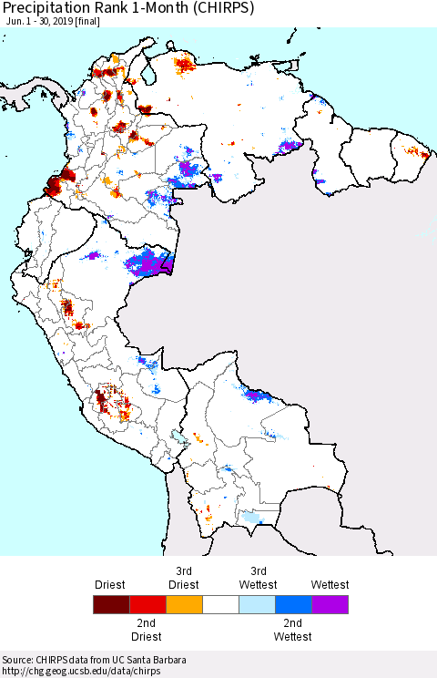 Northern South America Precipitation Rank since 1981, 1-Month (CHIRPS) Thematic Map For 6/1/2019 - 6/30/2019