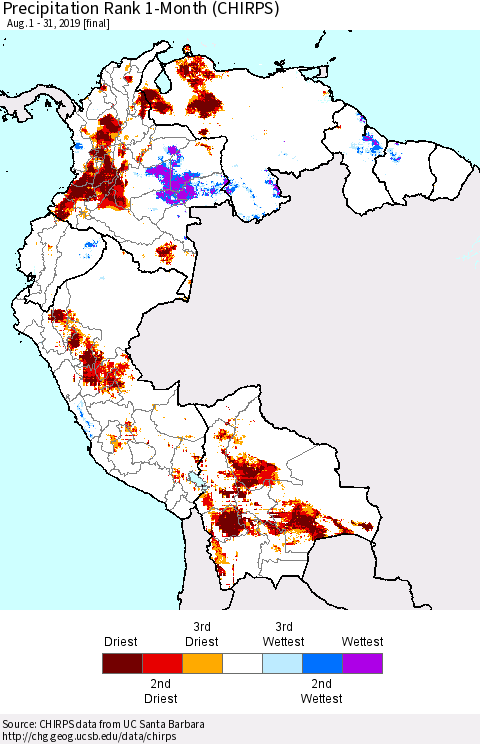 Northern South America Precipitation Rank since 1981, 1-Month (CHIRPS) Thematic Map For 8/1/2019 - 8/31/2019
