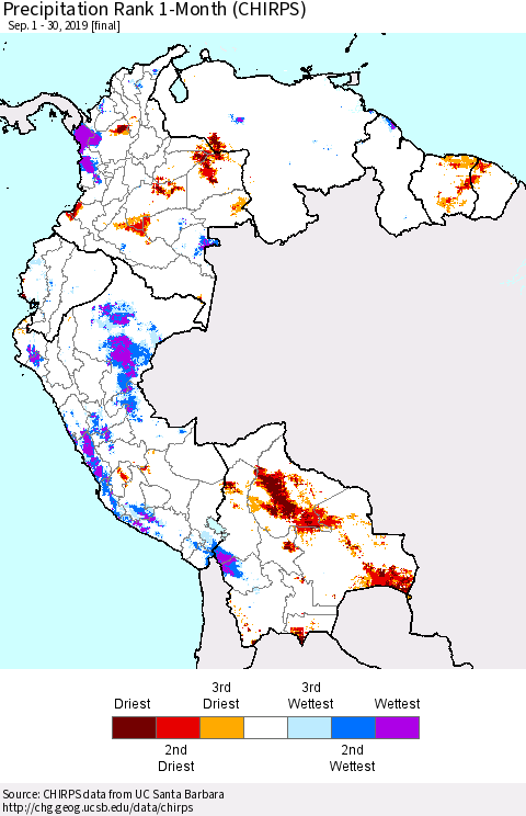 Northern South America Precipitation Rank since 1981, 1-Month (CHIRPS) Thematic Map For 9/1/2019 - 9/30/2019