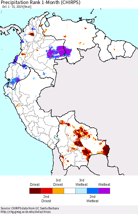 Northern South America Precipitation Rank since 1981, 1-Month (CHIRPS) Thematic Map For 10/1/2019 - 10/31/2019