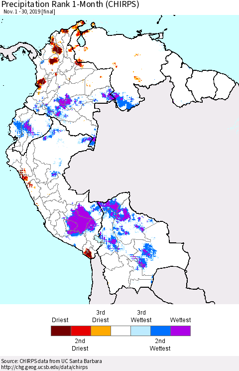 Northern South America Precipitation Rank since 1981, 1-Month (CHIRPS) Thematic Map For 11/1/2019 - 11/30/2019