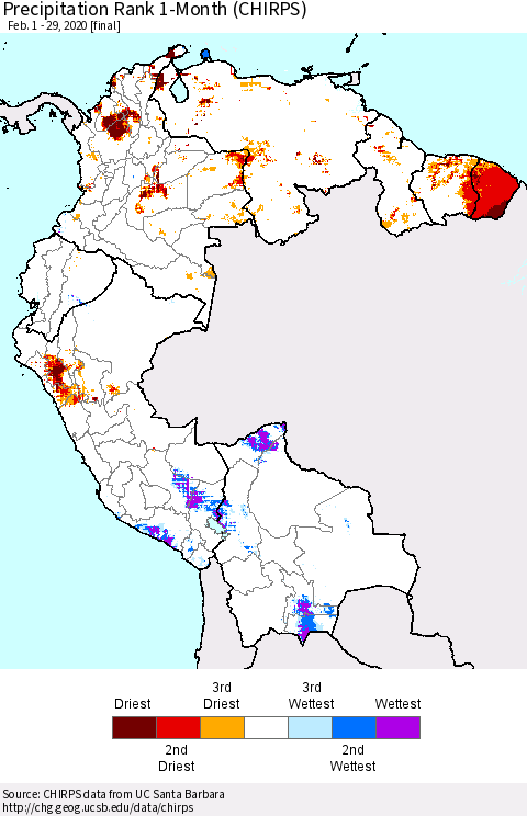 Northern South America Precipitation Rank since 1981, 1-Month (CHIRPS) Thematic Map For 2/1/2020 - 2/29/2020