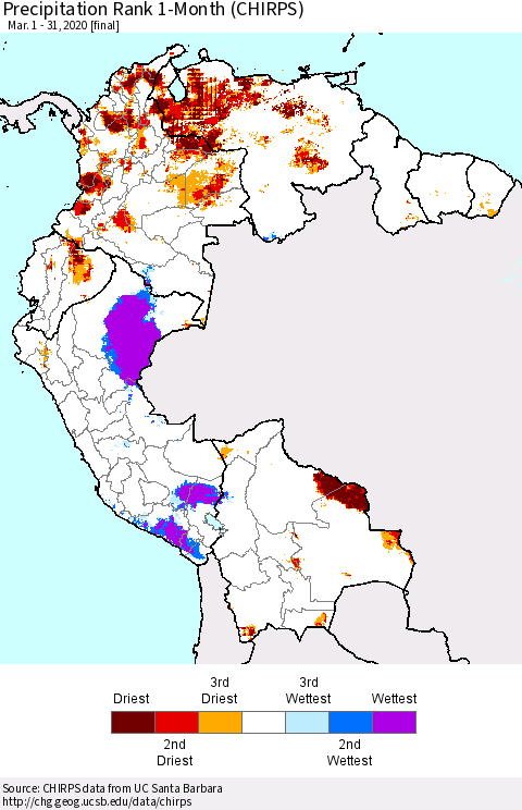Northern South America Precipitation Rank 1-Month (CHIRPS) Thematic Map For 3/1/2020 - 3/31/2020