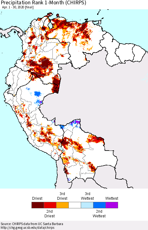 Northern South America Precipitation Rank 1-Month (CHIRPS) Thematic Map For 4/1/2020 - 4/30/2020