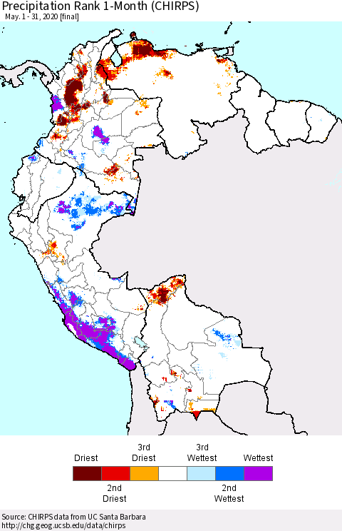Northern South America Precipitation Rank 1-Month (CHIRPS) Thematic Map For 5/1/2020 - 5/31/2020