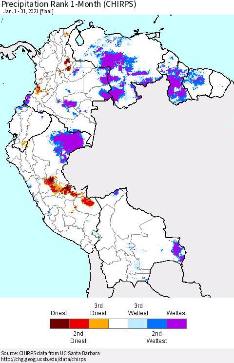 Northern South America Precipitation Rank 1-Month (CHIRPS) Thematic Map For 1/1/2021 - 1/31/2021