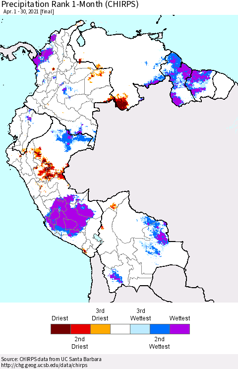 Northern South America Precipitation Rank since 1981, 1-Month (CHIRPS) Thematic Map For 4/1/2021 - 4/30/2021
