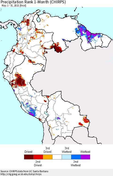 Northern South America Precipitation Rank since 1981, 1-Month (CHIRPS) Thematic Map For 5/1/2021 - 5/31/2021
