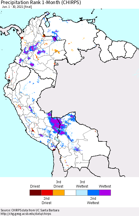 Northern South America Precipitation Rank 1-Month (CHIRPS) Thematic Map For 6/1/2021 - 6/30/2021