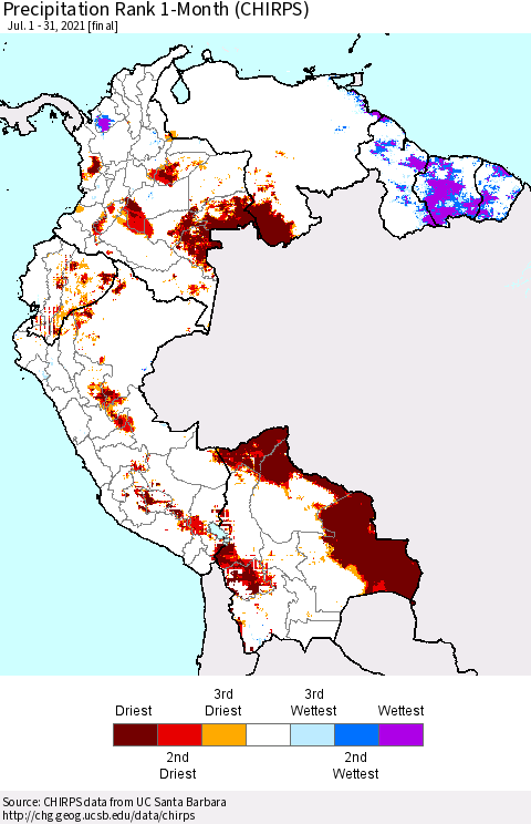 Northern South America Precipitation Rank 1-Month (CHIRPS) Thematic Map For 7/1/2021 - 7/31/2021