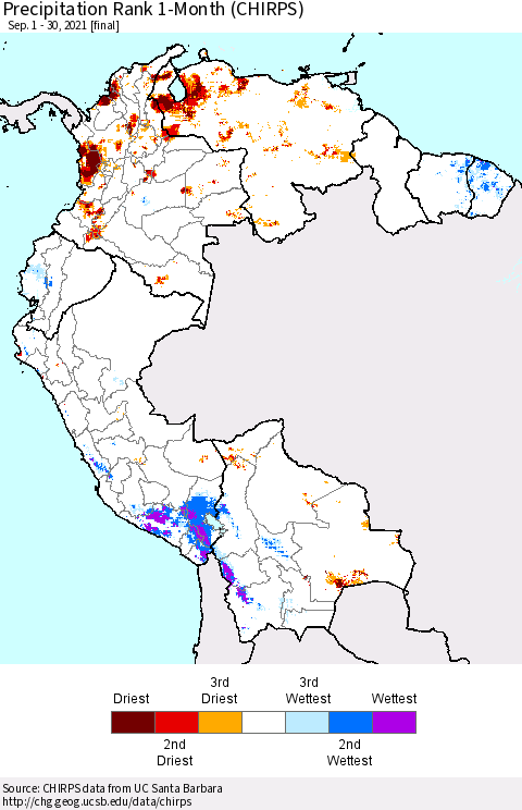 Northern South America Precipitation Rank 1-Month (CHIRPS) Thematic Map For 9/1/2021 - 9/30/2021