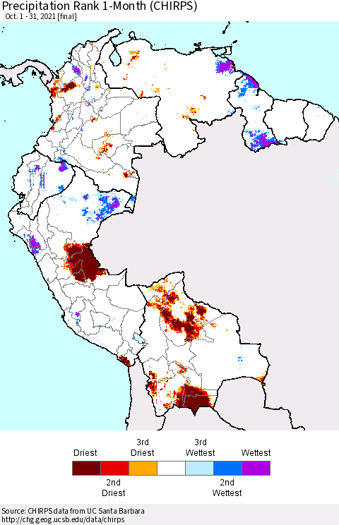 Northern South America Precipitation Rank 1-Month (CHIRPS) Thematic Map For 10/1/2021 - 10/31/2021