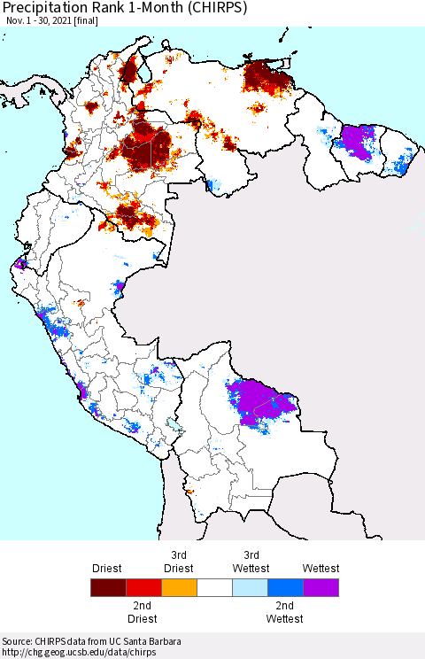 Northern South America Precipitation Rank since 1981, 1-Month (CHIRPS) Thematic Map For 11/1/2021 - 11/30/2021