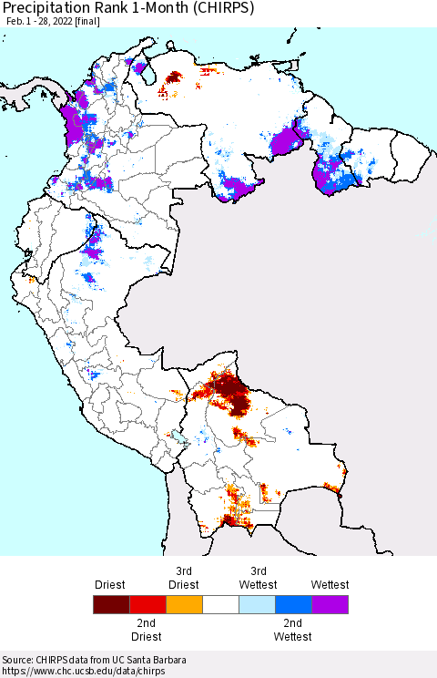 Northern South America Precipitation Rank since 1981, 1-Month (CHIRPS) Thematic Map For 2/1/2022 - 2/28/2022