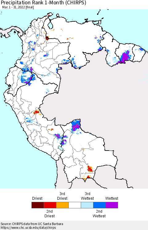 Northern South America Precipitation Rank since 1981, 1-Month (CHIRPS) Thematic Map For 3/1/2022 - 3/31/2022