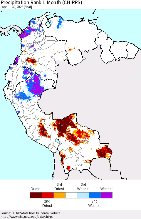 Northern South America Precipitation Rank since 1981, 1-Month (CHIRPS) Thematic Map For 4/1/2022 - 4/30/2022