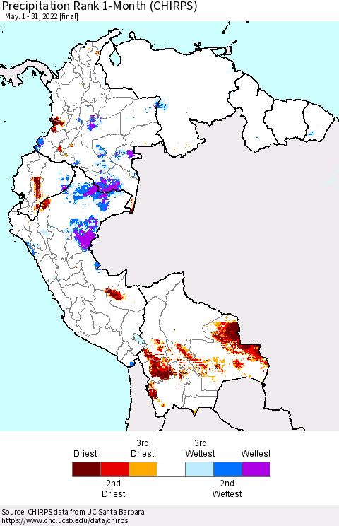 Northern South America Precipitation Rank since 1981, 1-Month (CHIRPS) Thematic Map For 5/1/2022 - 5/31/2022