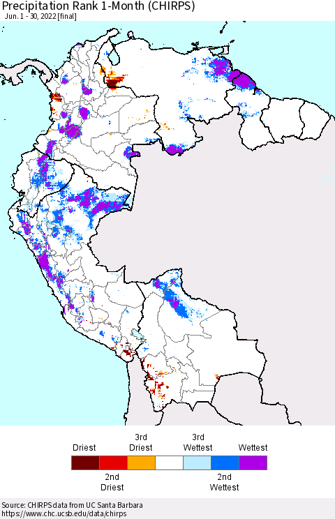 Northern South America Precipitation Rank 1-Month (CHIRPS) Thematic Map For 6/1/2022 - 6/30/2022