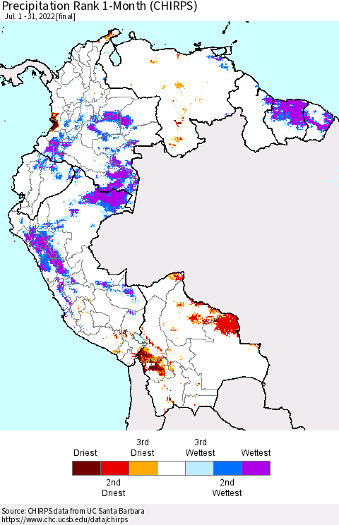 Northern South America Precipitation Rank since 1981, 1-Month (CHIRPS) Thematic Map For 7/1/2022 - 7/31/2022