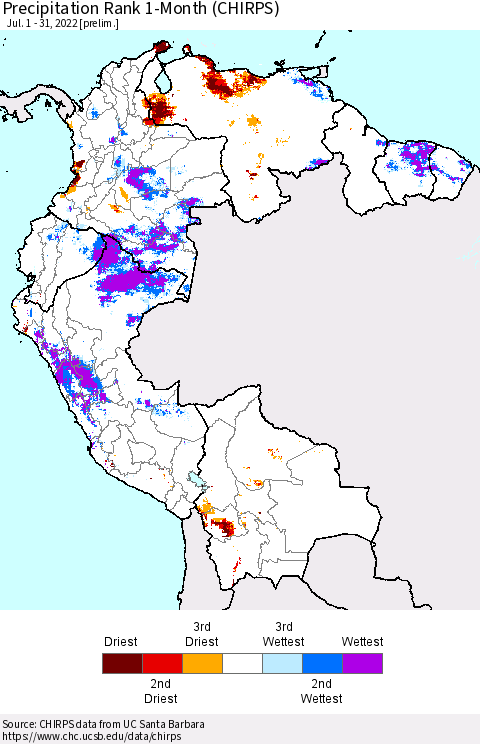 Northern South America Precipitation Rank 1-Month (CHIRPS) Thematic Map For 7/1/2022 - 7/31/2022