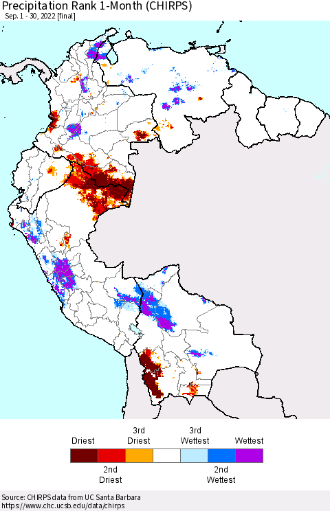 Northern South America Precipitation Rank 1-Month (CHIRPS) Thematic Map For 9/1/2022 - 9/30/2022