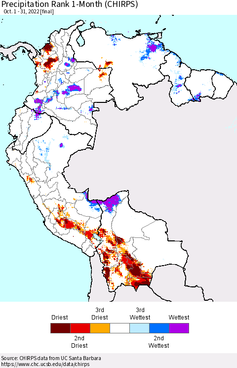 Northern South America Precipitation Rank since 1981, 1-Month (CHIRPS) Thematic Map For 10/1/2022 - 10/31/2022