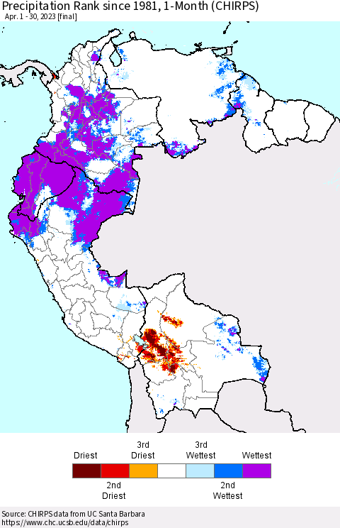Northern South America Precipitation Rank since 1981, 1-Month (CHIRPS) Thematic Map For 4/1/2023 - 4/30/2023