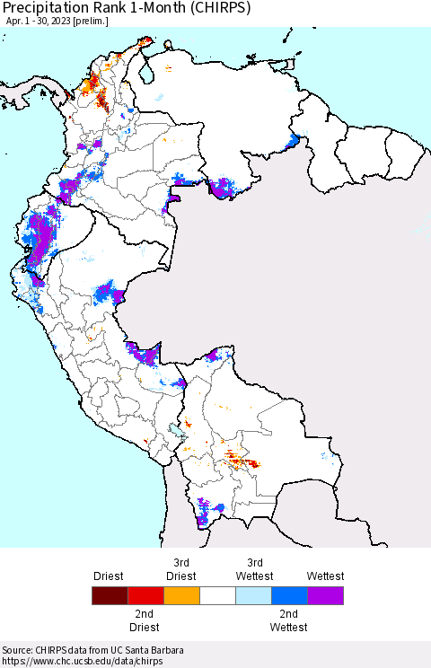 Northern South America Precipitation Rank 1-Month (CHIRPS) Thematic Map For 4/1/2023 - 4/30/2023