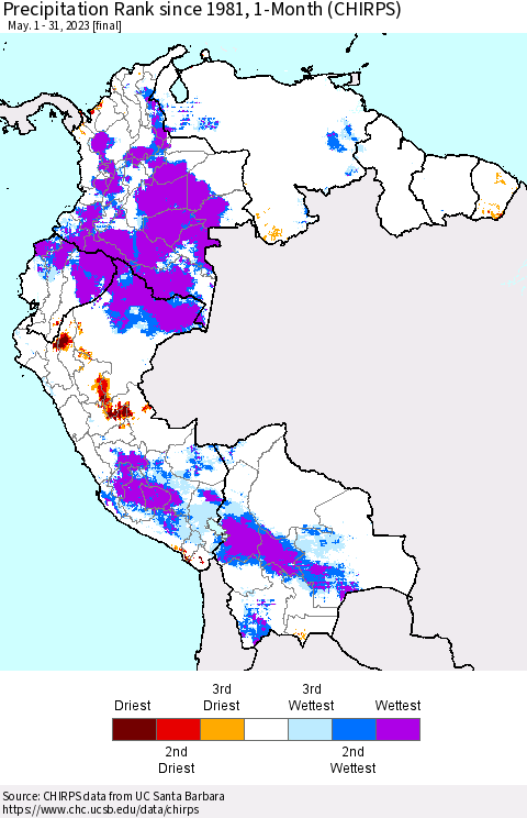 Northern South America Precipitation Rank since 1981, 1-Month (CHIRPS) Thematic Map For 5/1/2023 - 5/31/2023
