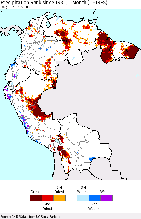 Northern South America Precipitation Rank since 1981, 1-Month (CHIRPS) Thematic Map For 8/1/2023 - 8/31/2023