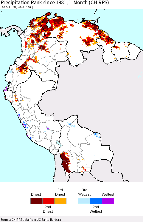 Northern South America Precipitation Rank since 1981, 1-Month (CHIRPS) Thematic Map For 9/1/2023 - 9/30/2023