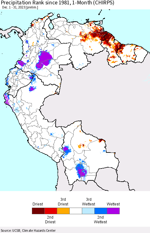 Northern South America Precipitation Rank since 1981, 1-Month (CHIRPS) Thematic Map For 12/1/2023 - 12/31/2023