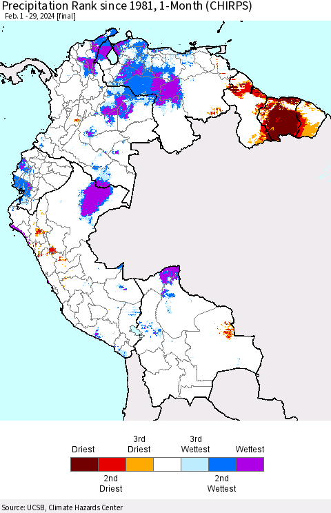 Northern South America Precipitation Rank since 1981, 1-Month (CHIRPS) Thematic Map For 2/1/2024 - 2/29/2024