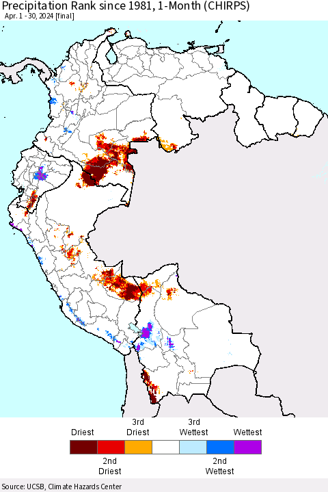 Northern South America Precipitation Rank since 1981, 1-Month (CHIRPS) Thematic Map For 4/1/2024 - 4/30/2024