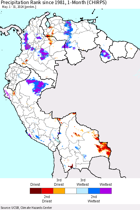 Northern South America Precipitation Rank since 1981, 1-Month (CHIRPS) Thematic Map For 5/1/2024 - 5/31/2024