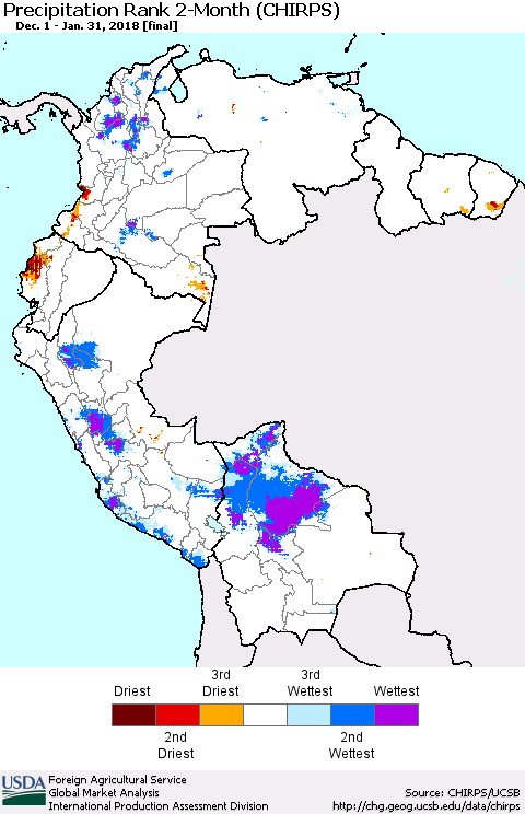 Northern South America Precipitation Rank since 1981, 2-Month (CHIRPS) Thematic Map For 12/1/2017 - 1/31/2018