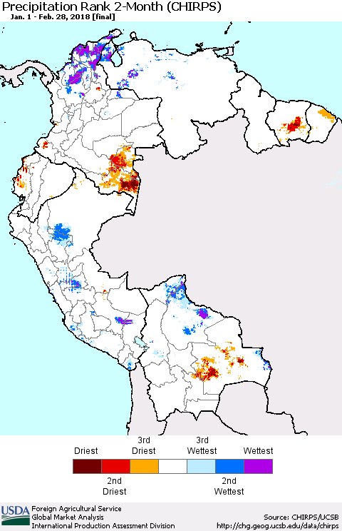 Northern South America Precipitation Rank since 1981, 2-Month (CHIRPS) Thematic Map For 1/1/2018 - 2/28/2018