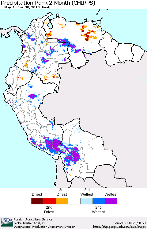 Northern South America Precipitation Rank since 1981, 2-Month (CHIRPS) Thematic Map For 5/1/2018 - 6/30/2018