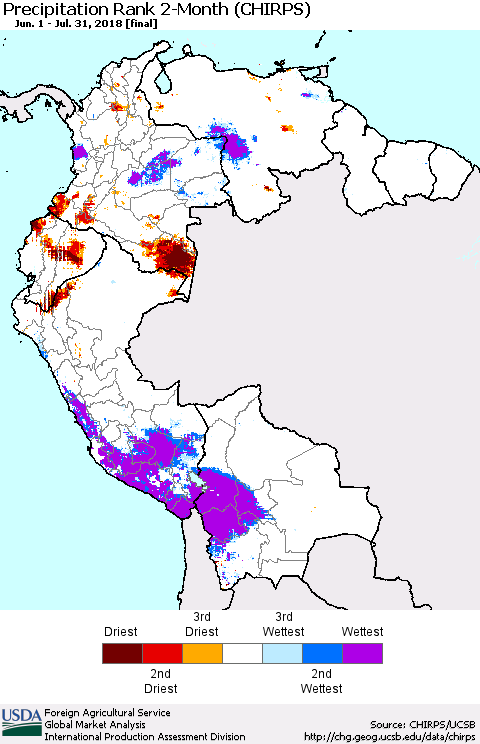 Northern South America Precipitation Rank since 1981, 2-Month (CHIRPS) Thematic Map For 6/1/2018 - 7/31/2018