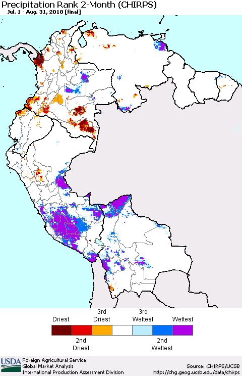Northern South America Precipitation Rank since 1981, 2-Month (CHIRPS) Thematic Map For 7/1/2018 - 8/31/2018