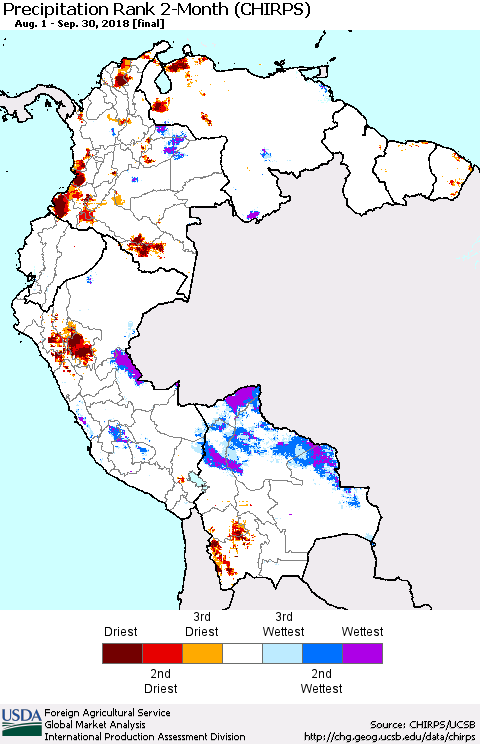 Northern South America Precipitation Rank since 1981, 2-Month (CHIRPS) Thematic Map For 8/1/2018 - 9/30/2018
