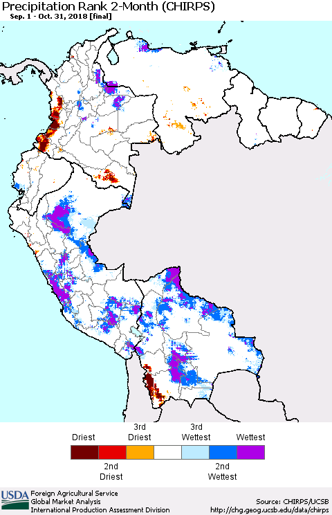 Northern South America Precipitation Rank since 1981, 2-Month (CHIRPS) Thematic Map For 9/1/2018 - 10/31/2018