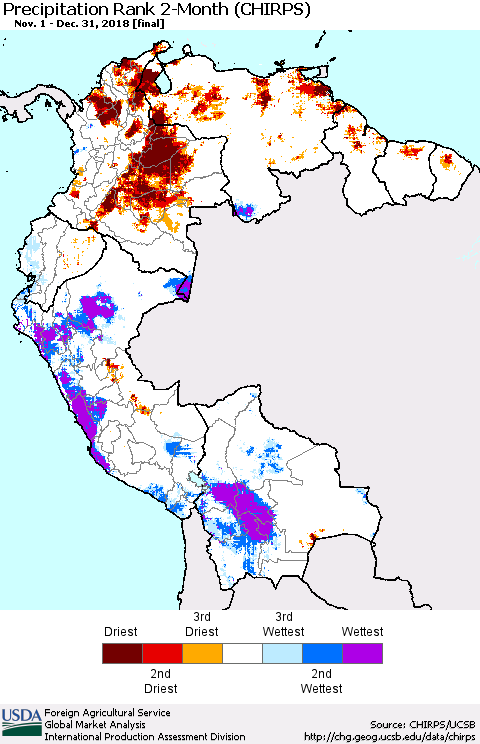 Northern South America Precipitation Rank since 1981, 2-Month (CHIRPS) Thematic Map For 11/1/2018 - 12/31/2018