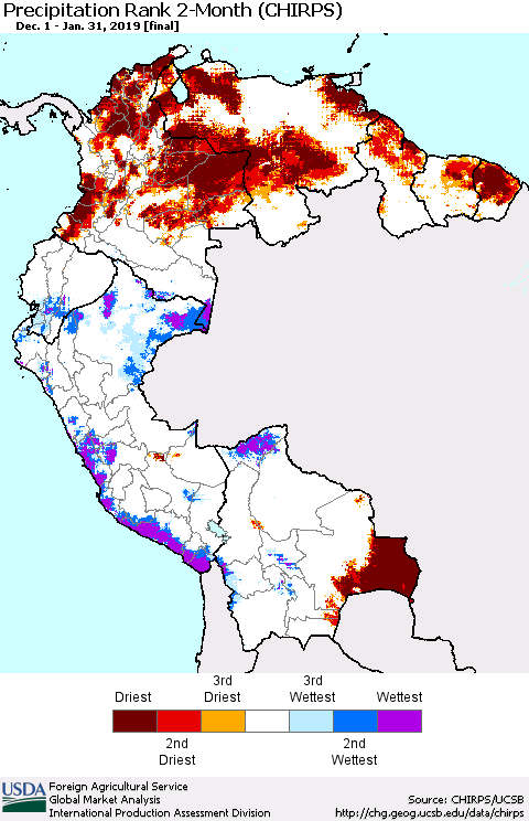 Northern South America Precipitation Rank since 1981, 2-Month (CHIRPS) Thematic Map For 12/1/2018 - 1/31/2019